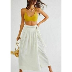 Free People Rey Wrap Ribbed Cotton Midi Skirt Ivory Cream Small